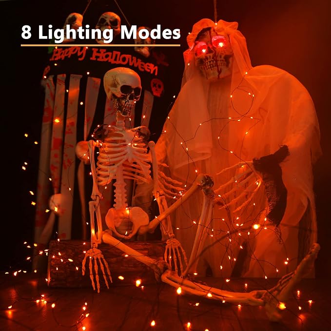 Brizled Solar Orange Fairy Lights, Outdoor Twinkle Halloween LED Lights | 2 Pack Total 78FT 240 LED; Black Wire; 8 Mode; Waterproof; Orange Fall String Light for Outside Party Tree Fence Garden Decor
