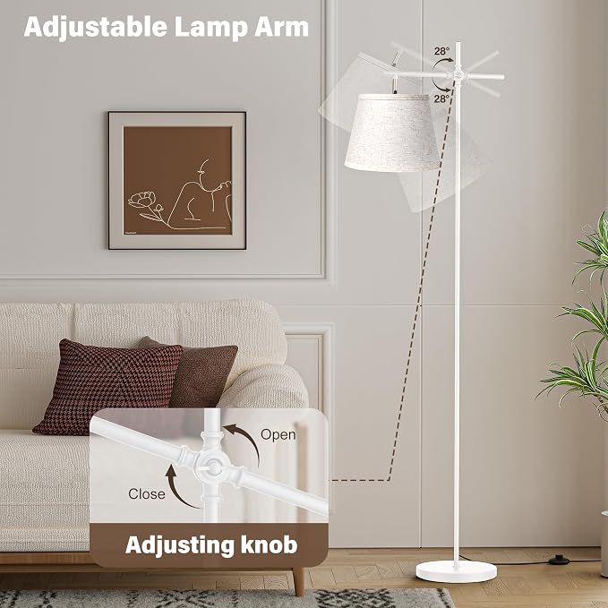 Floor Lamp with Linen Shade, Dimmable Tall Standing Lamp with Remote Control & 3 Color Temperatures Bulb, Modern Swing Arm Floor Lamps for Living Room Bedroom Office Corner
