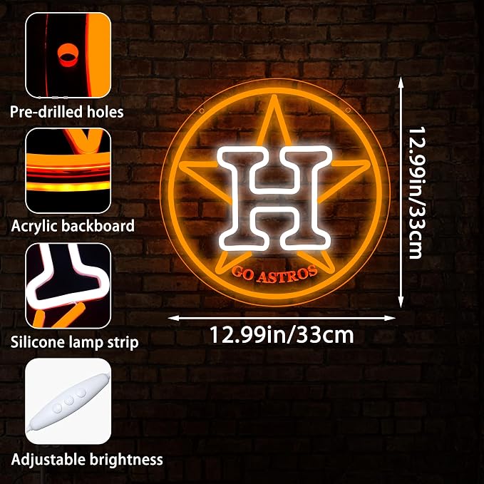 Baseball Neon Sign for Wall Decor Houston Baseball Neon Light for Man Cave | Dimmable Led Neon,Fans Birthday Baseball Gifts,5V USB Powered, Men's Bedroom,Sport Bar Decor,Club,Garage Wall Art,12.9*12.9in