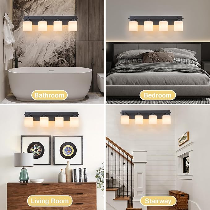 Modern Bathroom Light Fixtures Over Mirror, Vanity Lights for Bathroom Wall Sconces with Milky White Glass Shades, E26 Socket (Bulbs Not Included), 4 Light, Black