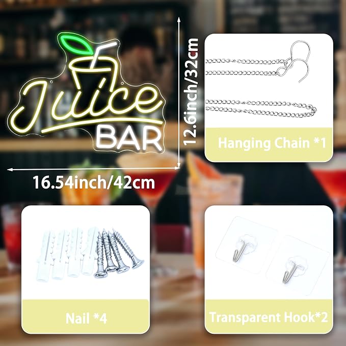 Juice Bar Neon Sign with Dimmable Switch 16.54 * 12.6 Attractive Juice Shop Neon Light with Usb Powered Bar Led Sign Business Light Up Sign for Party Wedding Birthday Gym Man Cave