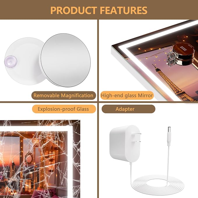 Hasipu Vanity Mirror with Lights and Bluetooth Speaker, 50" x 33.9" LED Makeup Mirror, Lighted Makeup Mirror with Dimmable 3 Modes, Touch Screen Control Vanity Mirror Square White