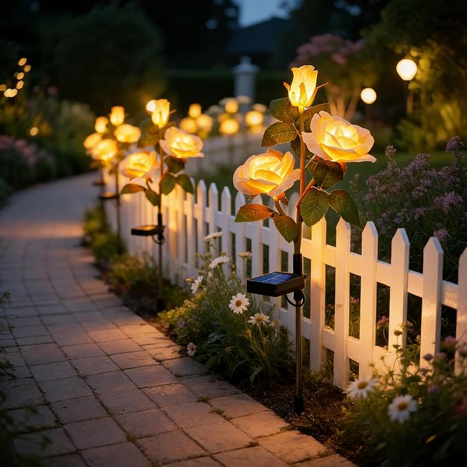 Brightown Solar Garden Lights, 4 Pack LED Rose Flower Lights Waterproof | Larger & Realistic Champagne Rose, Bigger Solar Panel, Waterproof Solar Lights Outdoor for Yard Garden Lawn Pathway Decor