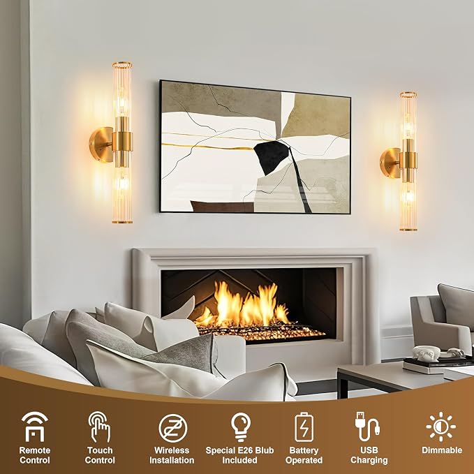 Morauroral Brushed Gold Battery Operated Wall Sconce, Dimmable Rechargeable Wall Light with Remote, Touch Control, Modern LED Wireless Sconce for Living Room, Bedroom, 20 Inch
