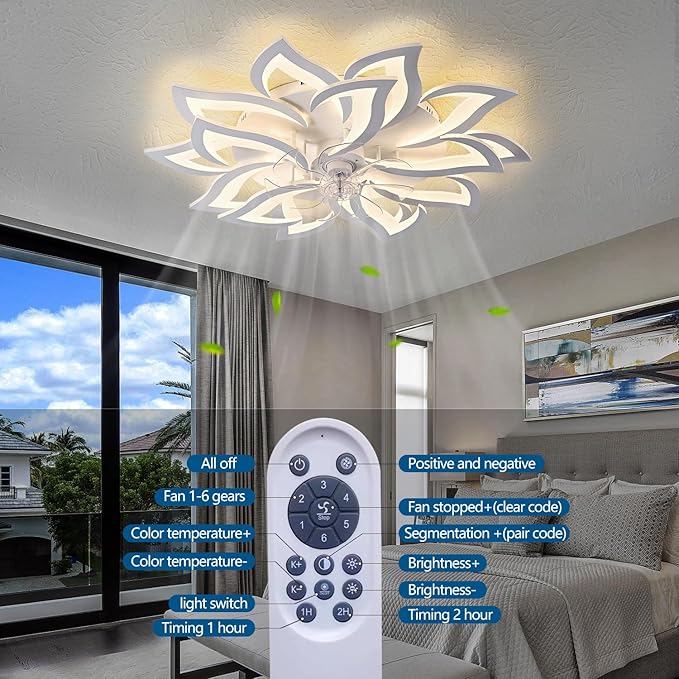 35" White Modern Ceiling Fan with Lights Remote Control, 6 Speeds 3 Light Color Low Profile Flush Mount Ceiling Fan with Light for Kitchen Living Room