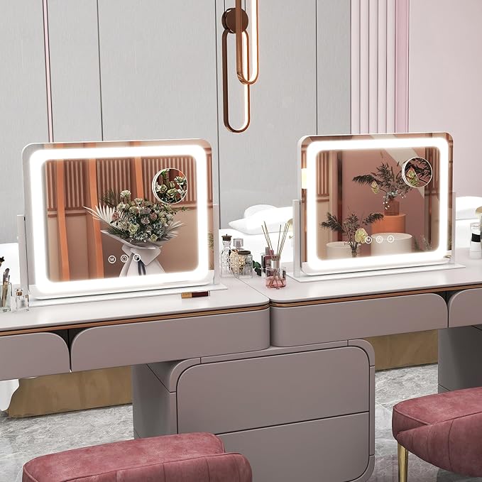 ROLOVE Large Vanity Mirror with Lights, 22"x17" Lighted Makeup Mirror for Desk, 3 Color Dimmable LED Lights, Smart Touch Control & 360° Rotation Tabletop Dresser Mirror (White)