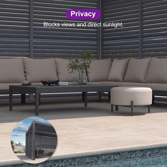 PURPLE LEAF Louvered Pergola 12' x 16' 94AS w/ 1W Side Shutter Wall Grey | Rainproof Gutters, Two Adjustable Roofs, 53Mph Wind Resistant, Plus Privacy Shutters (Total Seclusion), DIY-Friendly Design