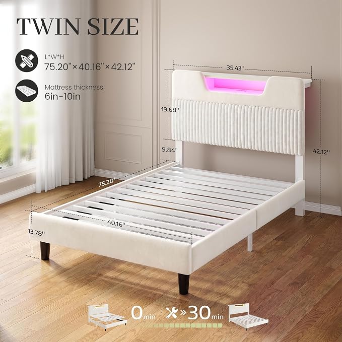 Homkdom Twin Bed Frame with Charging Station & Storage Headboard,White | 1USB-C & 2USB-A Charging, RGB LED Lights,7.78" Under-bed Storage,Velvet Upholstered Headboard,No Box Spring,Easy Assembly.