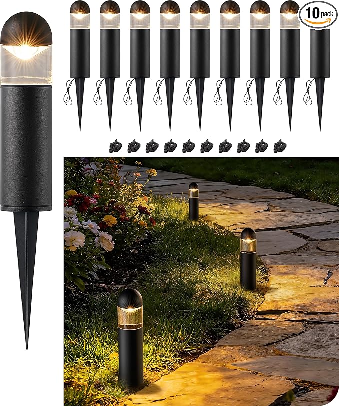EDISHINE Low Voltage Landscape Lighting Glass Aluminum 10 Pack | 12V 3W 3000K, 50,000Hrs, CRI 80, Weatherproof Pathway Lights for Garden, Yard, Driveway, Black