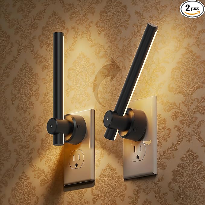 L LOHAS LED Night Light Plug in, 2Pack Dimmable Night Lights Plug into Wall | 330°Rotating Nightlight with Dusk to Dawn Sensor, Soft White, 0-100LM Modern Black Nightlights for Bathroom Mirror Restroom