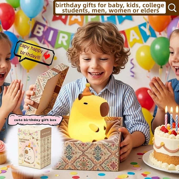 YR YRHH-PET Capybara Birthday Gifts Night Light, Squishy Cute Lamp, Fun Toy | Happy Birthday Hat Decorations, Rechargeable Dimmable Silicone Bedside Lamp, Kids Animal LED Touch Nightlight Capibara Stuff