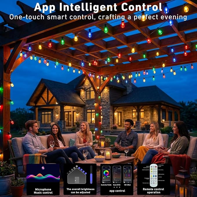 Outdoor String Lights,400FT Smart RGB+IC Patio Lights with Shatterproof LED Bulbs ,Outside Light Dimmable Patio for Decor DIY IP67 Waterproof ,Courtyard, garden,Holiday,LED lights more Scene Modes