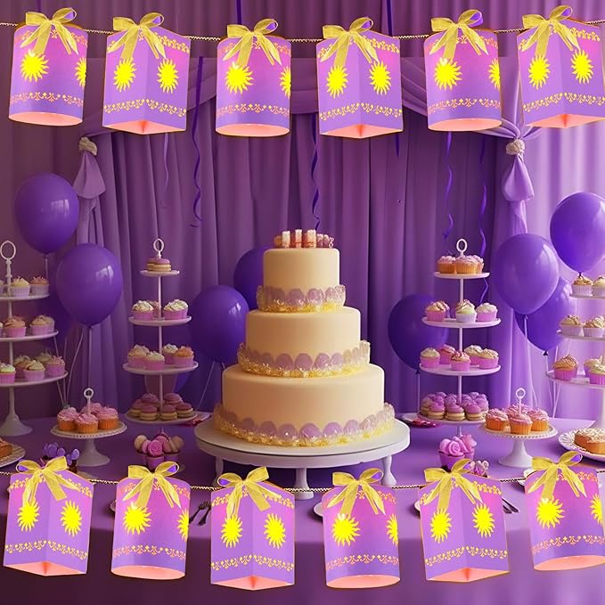 20 Pack Princess Sun Hanging Lanterns with LED Light Purple Princess Hanging Paper Lanterns DIY Set Sun Cutout Square Round Decorations for Photo Props Birthday Party(Purple)