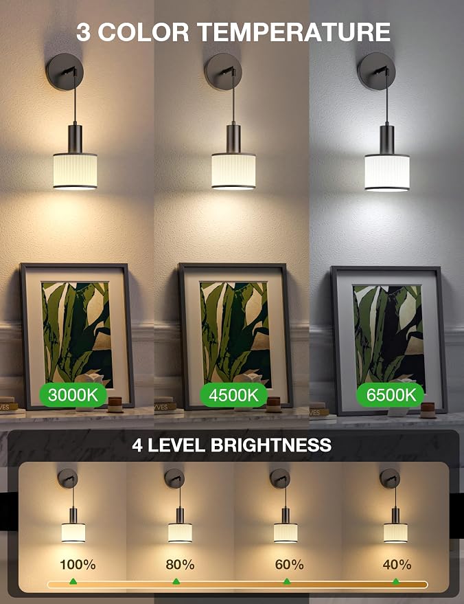 Battery Operated Wall Sconce Set of 2, Black&Off-White Wireless Rechargeable Wall Lights with 5200mAh Dimmable Detachable Bulbs and Remote, 9 Colors Sconces Wall Decor for Bedroom Living Room