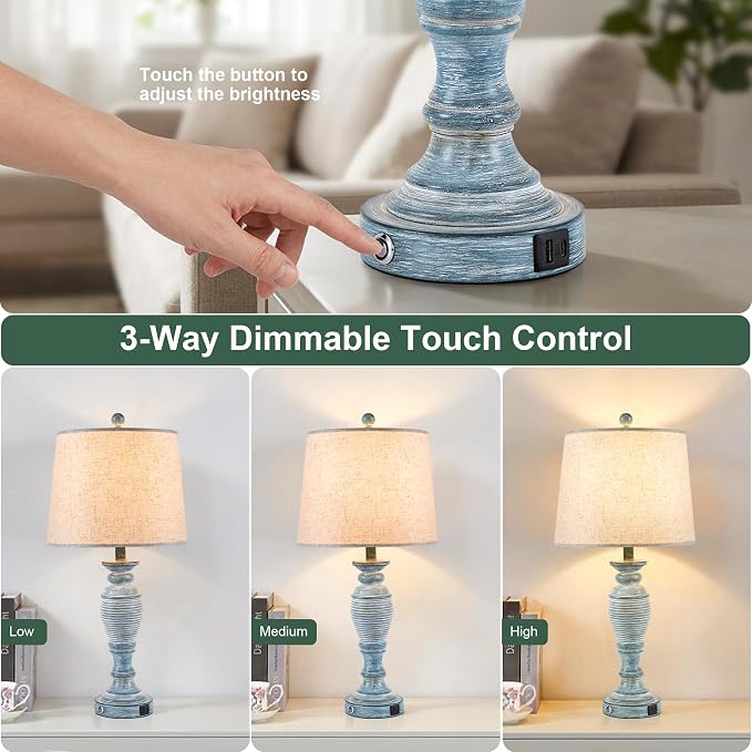 Farmhouse Table Lamps for Living Room, Touch Control, Set of 2 | 27.7" Table Lamps for Bedroom, Nightstands, Hallways, Bedside, 3 Way Dimmable Touch Contorl, USB A+C Ports, Bulbs Included