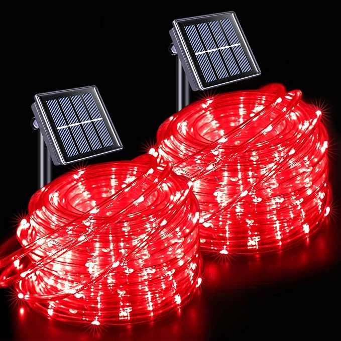 JMEXSUSS 2 Pack 100 LED 33ft Solar Rope Lights, Red Christmas Lights | 8 Modes, Outdoor Waterproof, for Halloween Christmas Tree Tent Gazebo Trampoline Walkway Pool Decor