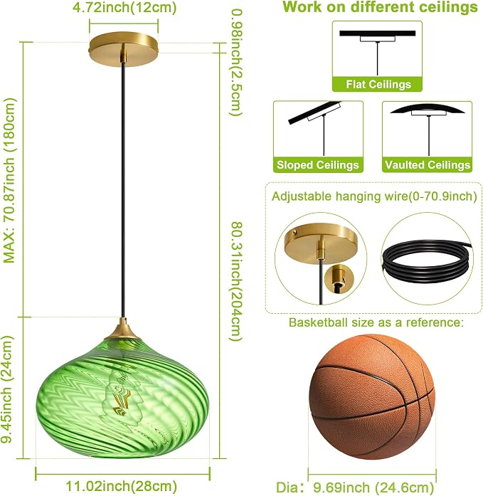 11in Gold Pendant Lights Kitchen Island with Green Glass Shade 1Pack | Handcrafted Glass Pendant Light Fixtures, UL Certified, E26 Base 100W Max, Height-Adjustable, Dimmable Hanging Pendant Light