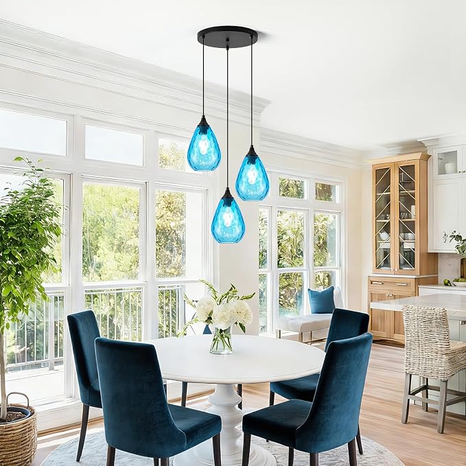Blue 3-Light Pendant Lighting, Modern Dining Room Light Fixture Over Table with Hammered Glass, Cluster Hanging Lights for Kitchen Island Dining Room
