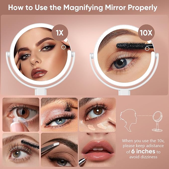 Lighted Makeup Mirror with 10X Magnification, Rechargeable LED Magnifying Vanity Mirror with 3 Lights, Adjustable Height, Storage Base and Phone Holder, White, 7 inch
