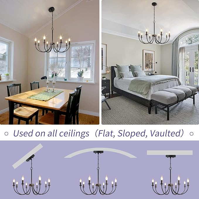 Black Farmhouse Chandeliers, 8 Light Rustic Iron Chandeliers, Classic Candle Ceiling Hanging Pendant Light Fixture for Living Room, Kitchen Island, Foyer, Dining Room Lighting Fixtures