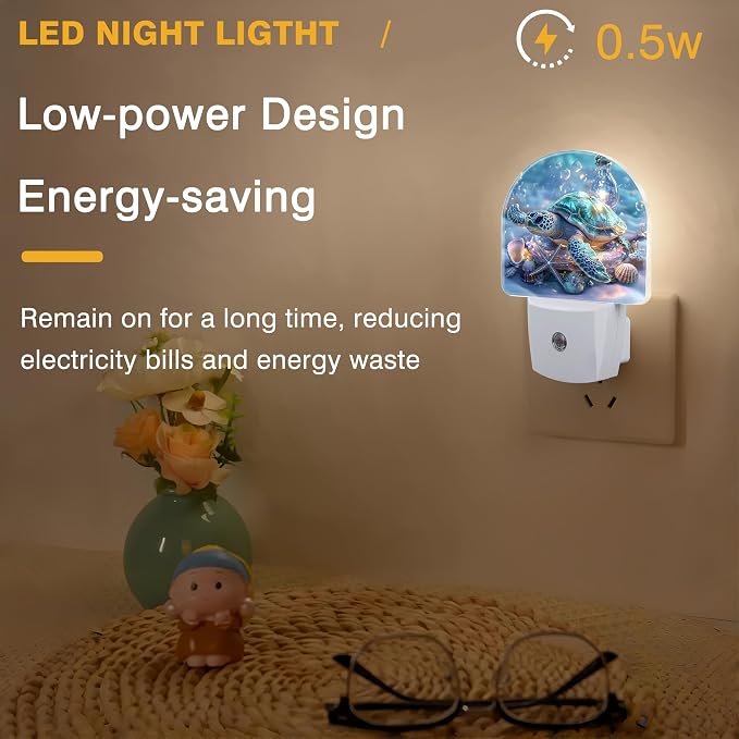 Ocean Animal Night Light, Sea Turtle and Seashell Night Lights Plug into Wall Dusk to Dawn Sensor Round Nightlight for Women Men Energy Efficient Led Lamp 0.5W for Stairway Hallway Bedroom