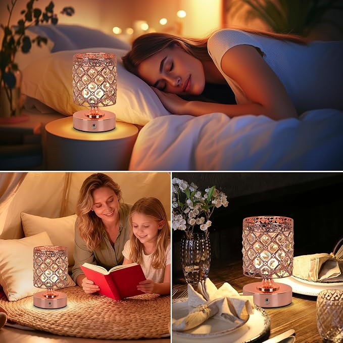 Rose Gold Small Crystal Rechargeable Cordless Table Lamps Set of 2 | 6000mAh Battery, 3 Color Temps, Stepless Dimming, Touch Control, Portable Wireless Night Light for Bar Bedroom Living Room