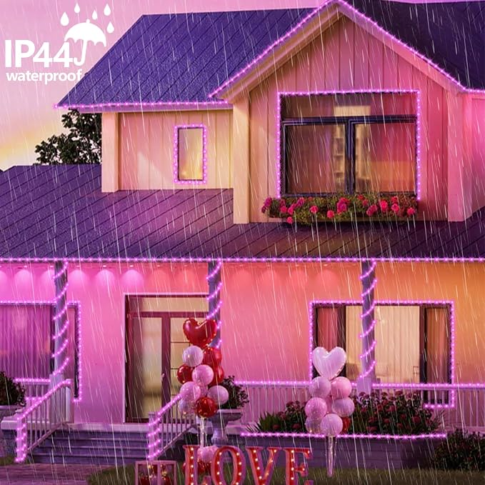 YEGUO Solar Rope Lights Outdoor Waterproof, 2 Packs Each 33ft 100 LED Solar String Lights, 8 Modes Fairy Lights in Clear Thin Tube for Camping Fence Patio Garden Trampoline Deck(Pink)