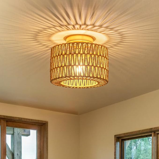 Rattan Ceiling Light, Gold Semi Flush Mount Ceiling Light, Boho Light Fixture for Bedroom Entryway Hallway, 1 Light