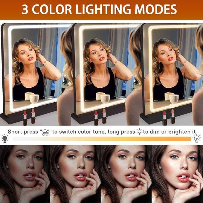 Hasipu Vanity Mirror with Lights, 31.5" x 22" LED Makeup Mirror, Lighted Makeup Mirror with Dimmable 3 Modes, Touch Screen Control Vanity Mirror Round Black