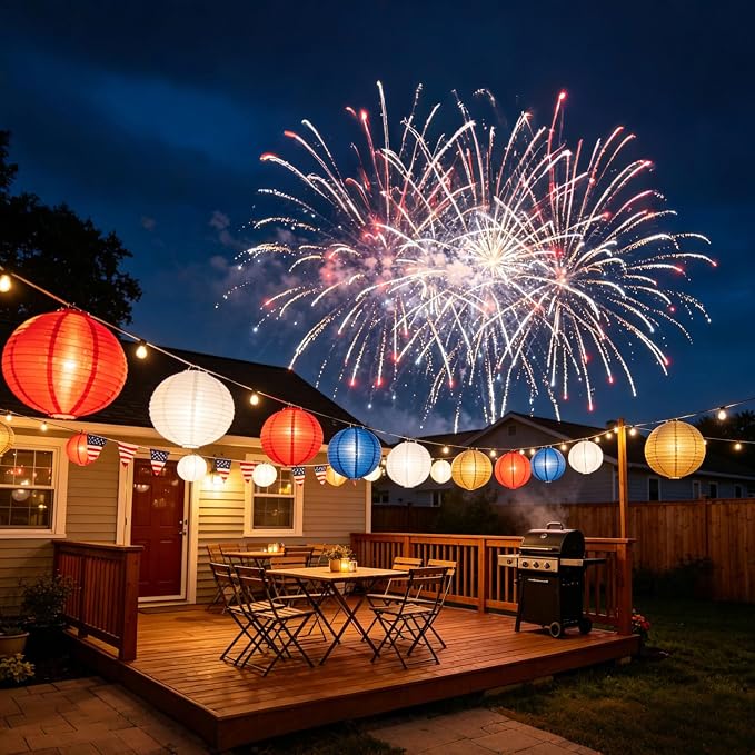 Paper Lanterns Set (10 Pcs)- 8/10 Inch Royal Blue, Red, White, Gold & Silver Round Hanging Paper Lanterns for Wedding, Birthday, Patriotic Holiday, Party Decor, Baby Showers & Home Accents