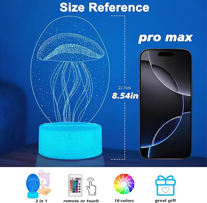 3D Jellyfish Night Light with Remote - 3 in 1 Ocean Acrylic Panels (Jellyfish, Dolphin, Shark), 16 RGB Colors ，4 Modes, USB/Battery(Not Included), Christmas Gift for Kids, Marine Theme Decor