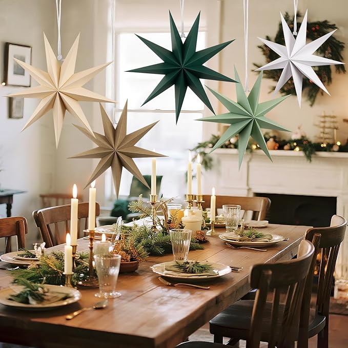 SUNBEAUTY Sage Green 9-Pointed 12 Inch Paper Star Lanterns Christmas Hanging Lamp Paper Decorations Shade Wedding Birthday Christmas Home Party Decorations