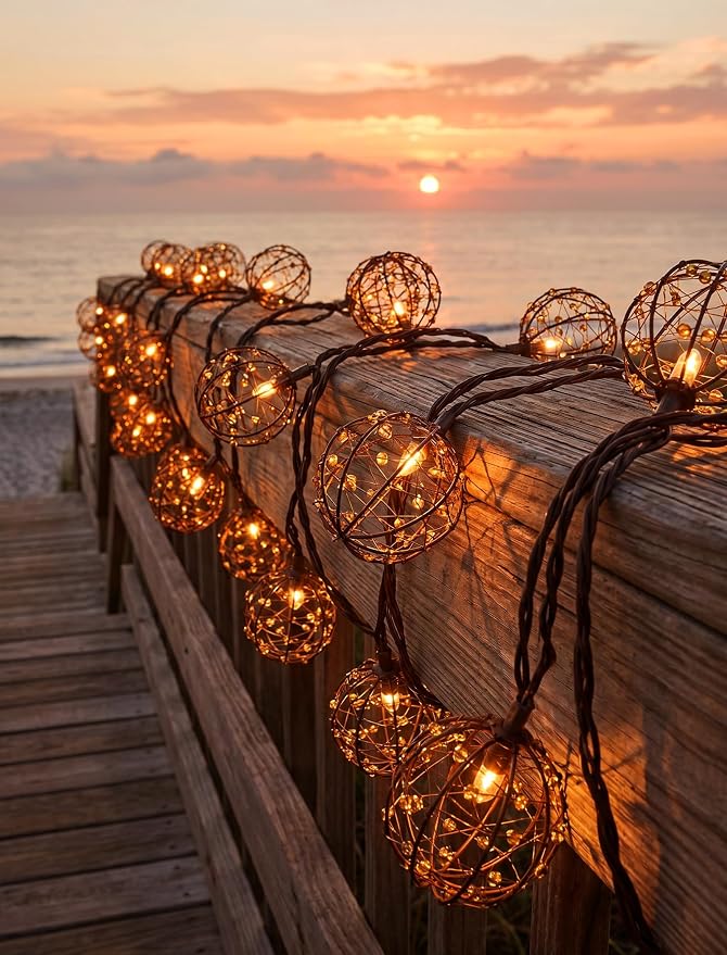 Outdoor Patio String Lights, 8.5FT 10 LED Beaded Copper Wire Ball Lights, Connectable Weather-Resistant Decorative Lights for Pergola, Porch, Bedroom, Backyard & Party