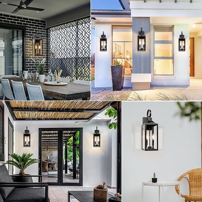 19" Large Outdoor Wall Lights Modern Front Porch Lantern Wall Mount 2-Light | Waterproof Classic Outdoor Light Fixture with Clear Glass, Farmhouse Exterior Lights for House, Black with Gold Trim, 1-Pack