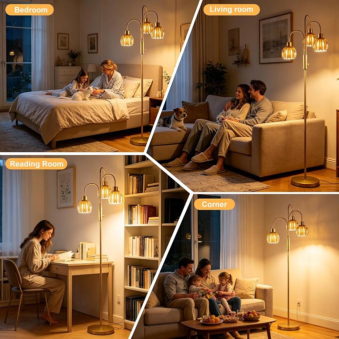 3-Light Glass Floor Lamp, 70" Gold Dimmable Standing Tall Lamp with Amber Ribbed Glass Shades &3PCS 3000K Warm White Bulbs, Modern Tree Pole Lamp for Living Room Bedroom Home Office Corner Decor