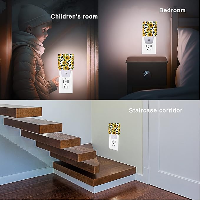 Sunflowers Night Light,Cow Print Night Lights Plug into Wall Dusk to Dawn Sensor Led Lamp for Women Men,Led Lights for Stairway/Hallway/Bedroom,0.5W