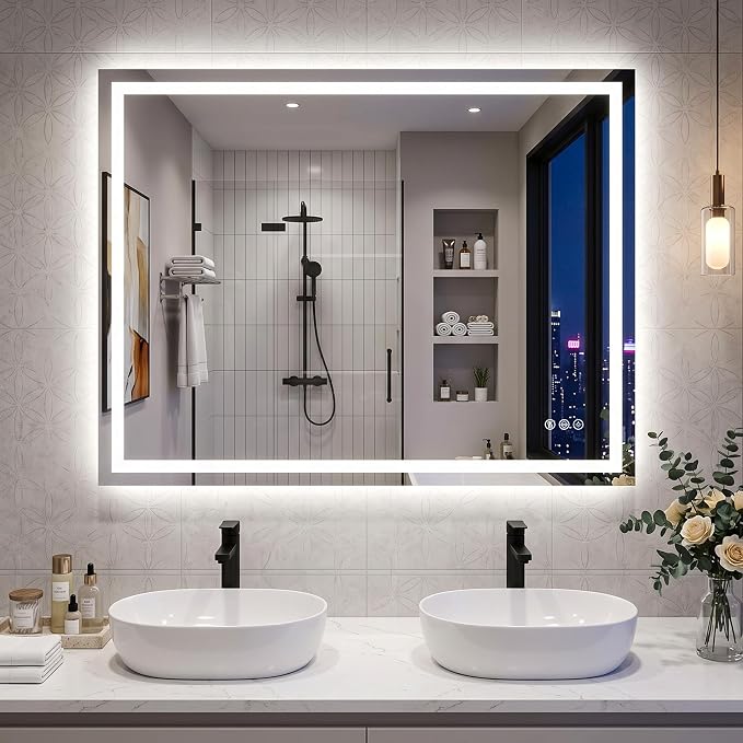 Antok 30x40 LED Bathroom Mirror with Lights, Backlit + Front Lit Vanity Mirror with CRI>90, Dimmable Anti-Fog Smart Mirror with Memory Function, 3 Color Temperatures, Shatterproof Tempered Glass, ETL