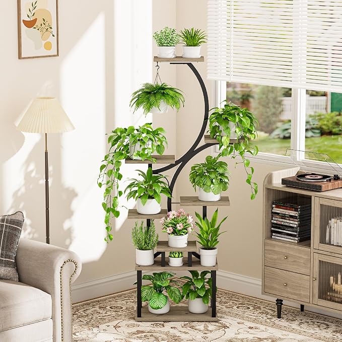 BACEKOLL Plant Stand Indoor with Grow Light, 8 Tier Corner Plant Shelf Tall | 62" Lighted Flower Holder for Plant Multiple, Space-Saving Beautiful Display Growing Rack for Home Patio, Sturdy Metal, Grey