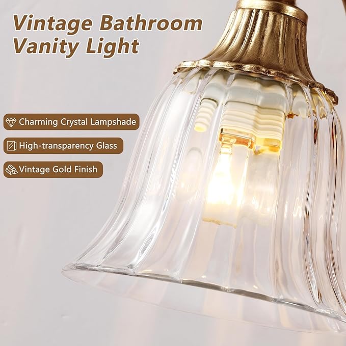 Gold Vintage Bathroom Light Fixtures, 2-Lights Bathroom Vanity Light, Antique Brushed Gold Lighting Fixtures Over Mirror with Crystal Glass Shade, Wall Sconce Lighting