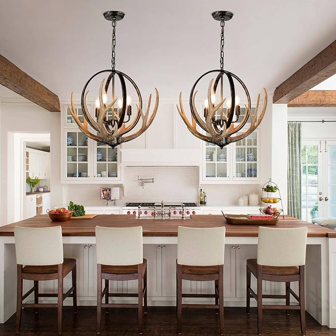 Antler Chandelier 4-Light for Dining Room, Large Deer Chandelier Fixtures with Retro Metal Globe and Resin 4 Antlers, Adjustable Farmhouse Chandeliers for Living Room Island Kitchen Bedroom Cabin