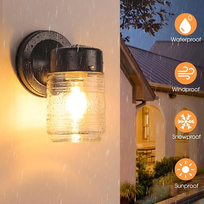 Outdoor Wall Light Jelly Jar Shape, Front Porch Lighting, 2 Pack | Waterproof, Anti-Rust, Clear Ribbed Glass, Exterior Wall Mount Lights, Front Porch Light, Outside Patio Sconce Entryway