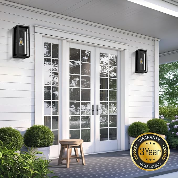 15" Outdoor Wall Lights, Black Exterior Lighting Fixtures, 2 Pack | Large Size, Anti-Rust, Waterproof, Tempered Glass, Easy Installation, Modern & Classic Outdoor Sconces for House Porch Garage