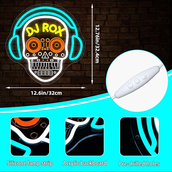 DJ Neon Sign for Wall Decor Dimmable DJ Skull Neon Light for Man Cave Birthday Gifts for Music Fans LED Music Sign for Record Room Studio Dancing Hall Mexican Bar Art 12.7 * 12.5In (WZCP224)