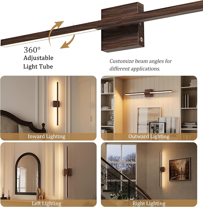 Rayogale Walnut Battery Operated Wall Sconce with Remote Control 40 Inch | 3000/4500/6000K Dimmable 8000mAh Wireless Rechargeable Wall Sconces Set of Two with Timer for Living Room, Bedroom, TV