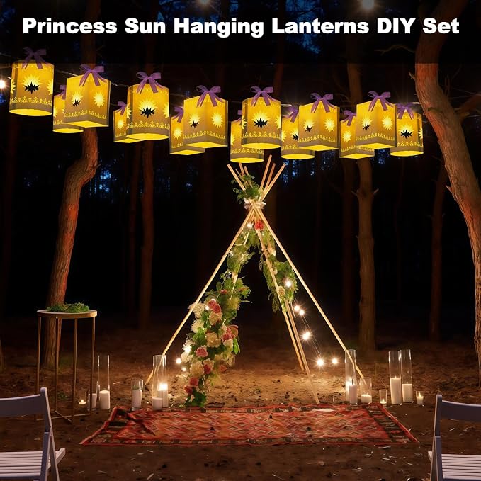 20 Pcs DIY Princess Hanging Lanterns with String Light and Ribbon | Thick Paper, Sun Cutout Pattern, Girls Birthday Party Decor, Provide Tools, 20 White, Batteries Not Included