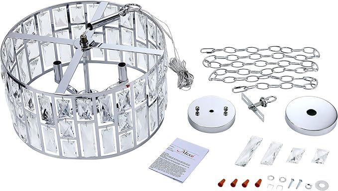 MEXO Farmhouse Crystal Convertible Chandelier and Semi Flush Mount Lighting Chrome Cylinder Drum Shade Pendant for Kitchen Island Dining Room Bedroom Hallway