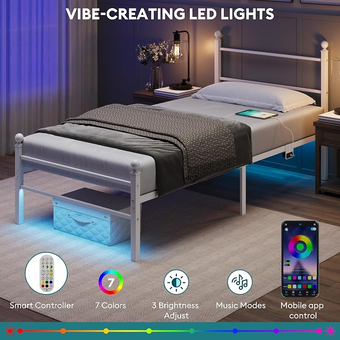 Twin Size Bed Frame with Headboard - Metal Platform Bed with LED Lights, Charging Station, Under Bed Storage and Heavy Duty Steel Slats Support - No Box Spring Needed, Easy Assembly, White