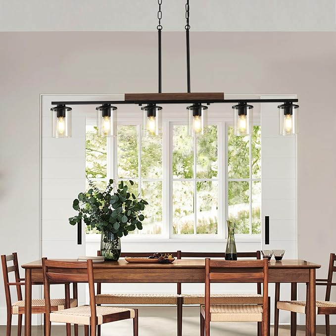 47.2" Farmhouse Dining Room Fixture Over Table, Black Chandelier | 6-Light, Modern Rustic Wood Frame, Adjustable Height, Clear Glass Shade, Ceiling Pendant Lighting for Kitchen Island