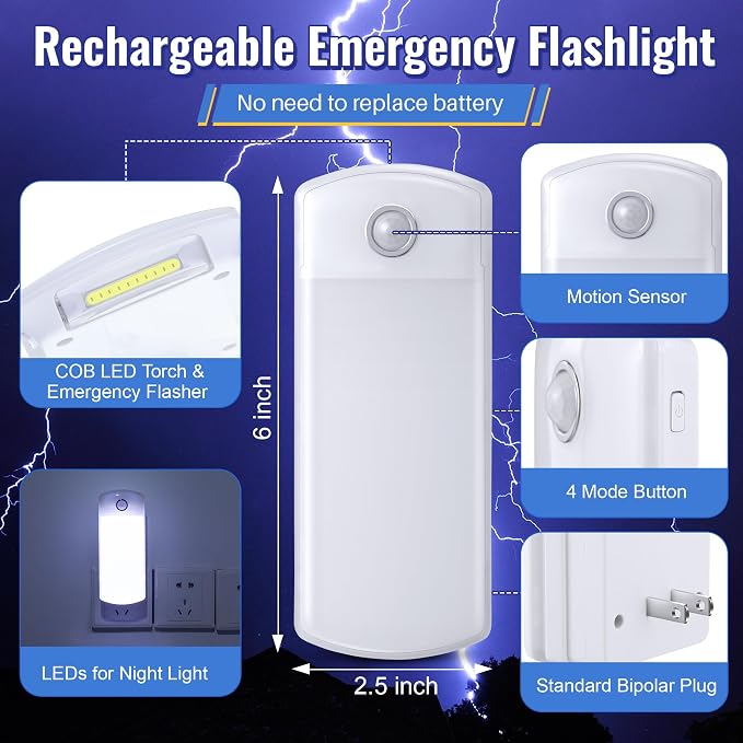 6 Pack 4 in 1 LED Power Failure Light for Home Emergency Power Outage | Rechargeable Plug in Flashlights with Motion Sensor, LED Emergency Light for Home Power Failure Black Outs Hurricane Supplies
