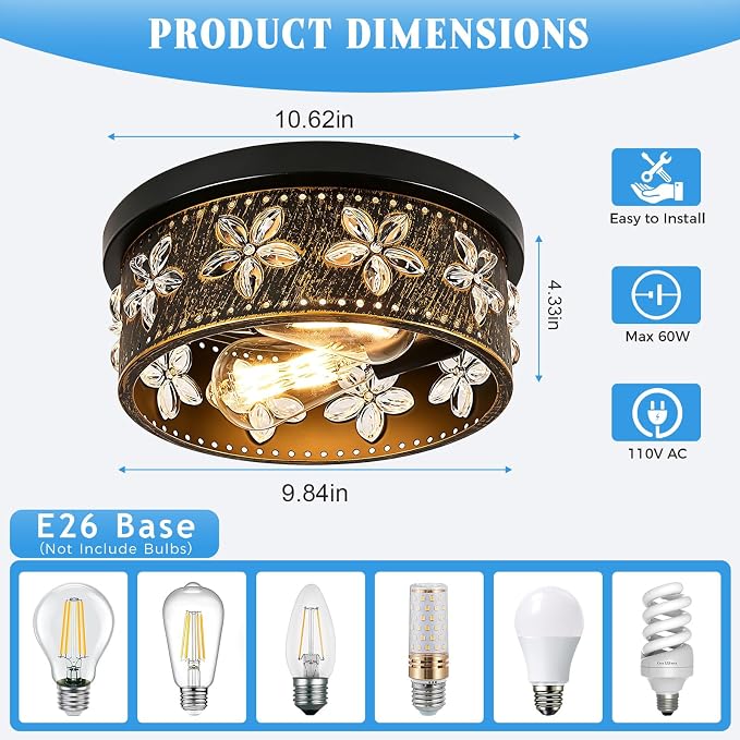 10.6 Inch Black Gold Flush Mount Ceiling Light Fixture, 2 Pack | 2-Light, Flower, Farmhouse, Kitchen, Dining Room, Bedroom, Living Room, Foyer, Entryway
